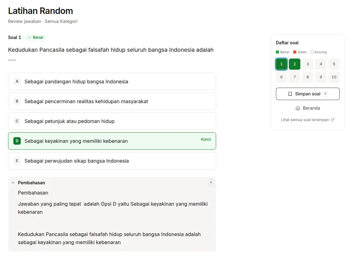 Layar review jawaban di aplikasi Nagih: soal, kunci jawaban, pembahasan, dan daftar soal